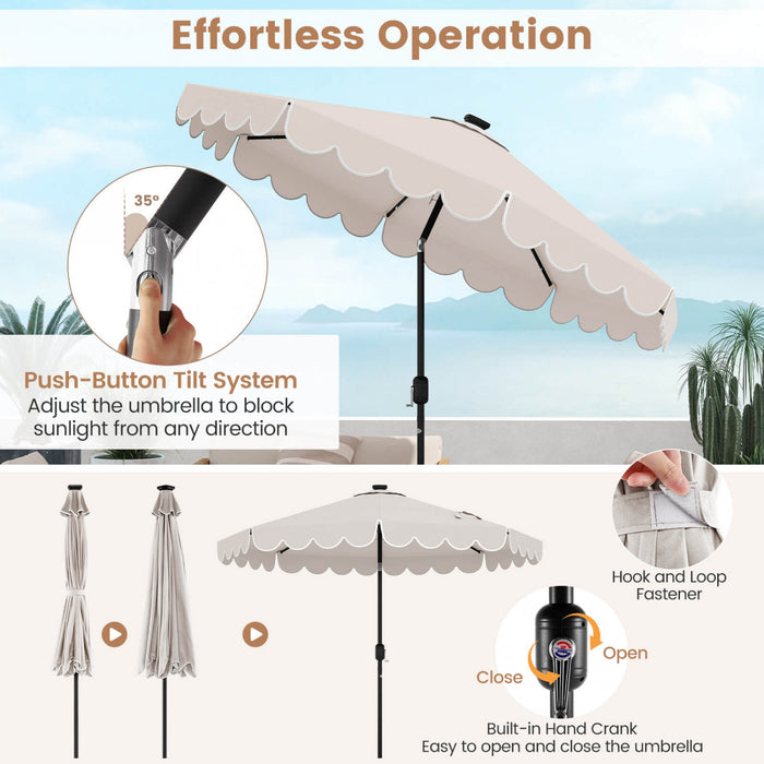 Parasol solaire Costway 9,3 FT style marche exterieur avec 24 LED, bordures, beige