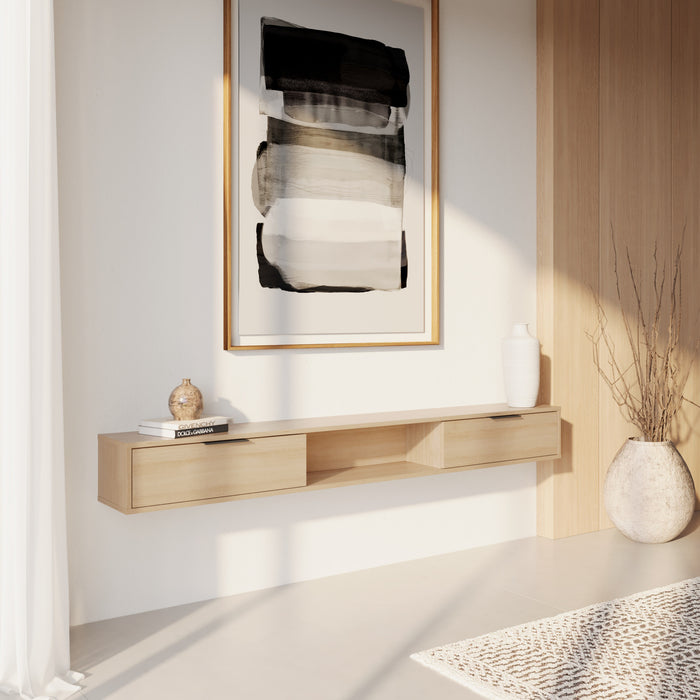 Meuble pour téléviseur mural mince Nordika de 72 po avec 2 armoires de rangement - chêne blond naturel