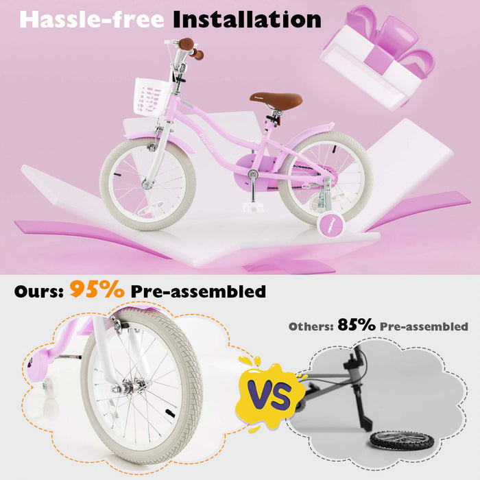 Costway 16\" Enfants Velo Tout-petit Velo Reglable Avec Roue D'entrainement Pour Fille De 4 A 7 Ans