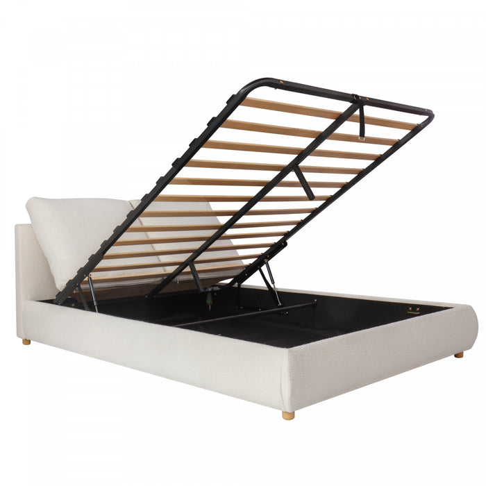 Lit plateforme avec rangement et levee hydraulique Diana, recouvert de boucle luxueux, taille Queen, blanc