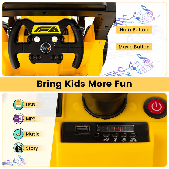 Costway 12v Enfants Rouler Sur Le Tracteur De Construction Avec Corne & Musique & Queue Led Lumieres Jaune