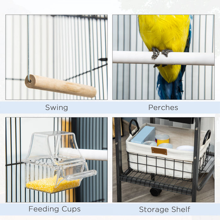 Pawhut 44,5\"h Support De Spot De Jeu Pour Perroquet En Metal Avec Cage A Oiseaux Avec Etagere De Rangement Pour Roues Multi-portes Noir