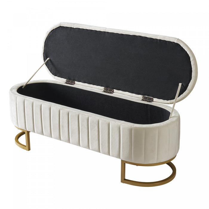 Banc de rangement elegant Amelia en velours capitonne avec pieds en metal, beige