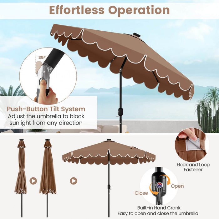 Parasol solaire Costway 9,3 FT style marche exterieur avec 24 LED, bordures, marron