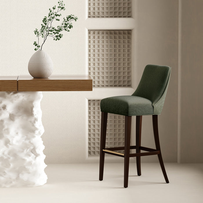 Tabouret de bar moderne Beever en bois avec revetement en chenille vert foret