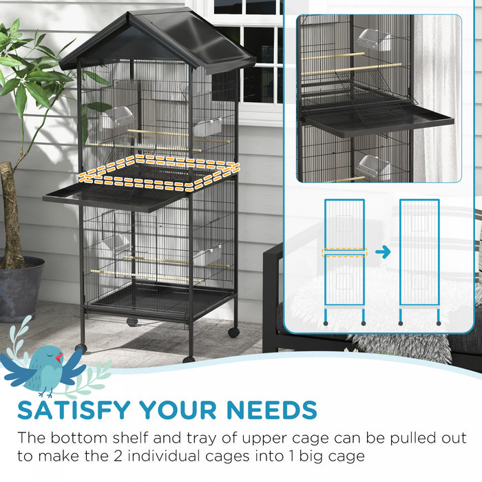 Pawhut Cage A Oiseaux En Metal Forge Avec Support Roulant, Conteneurs Alimentaires Portes Roues 67\" H, Noir