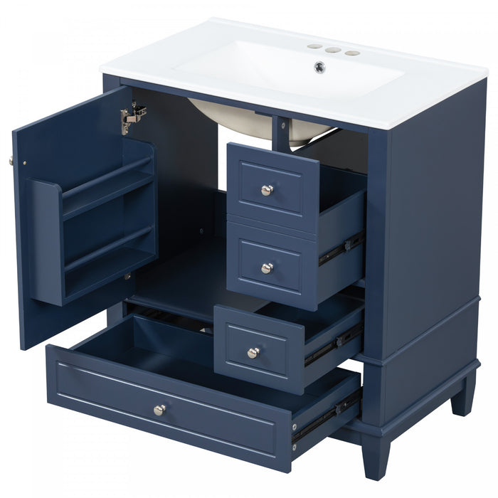 Emma Meuble-lavabo en bois massif de 30\" avec vasque en ceramique et porte a fermeture douce, Bleu