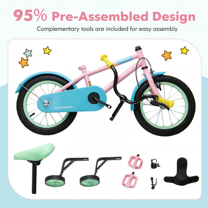 Costway 12\" Velo Pour Enfants Avec Guidon Reglable De Selle Roues D'entrainement Amovibles Frein A Main Rose