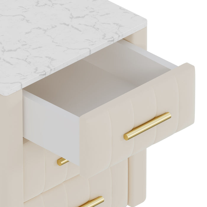 Table de chevet Dylan en bois rembourre avec 3 tiroirs et pieds en metal, beige