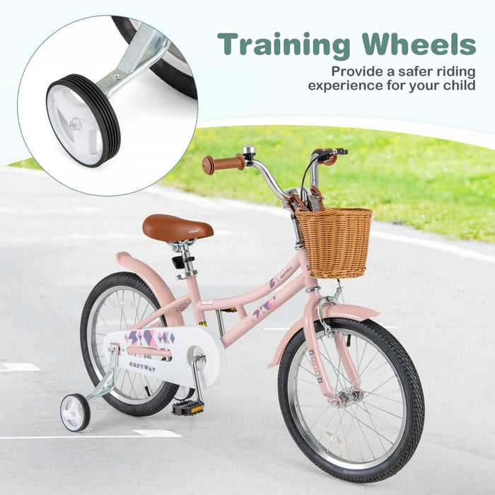 Costway 18\" Velo Enfants Avec Guidon Reglable En Hauteur Siege Panier Cloche Roues D'entrainement Rose