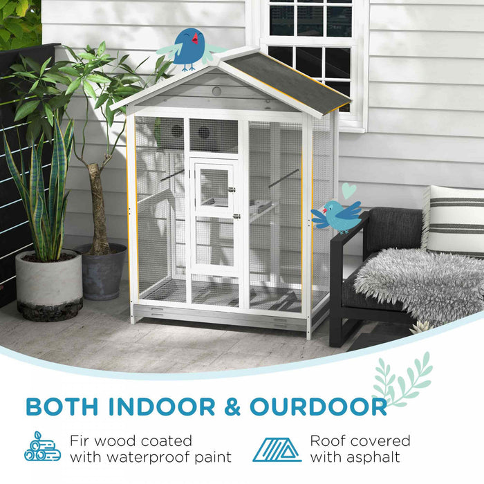 Pawhut 65\" Cage A Oiseaux Grande Voliere En Bois Pour Canari Avec Plateau Coulissant Nid De Poteau Debout, Pour Interieur Exterieur, Gris