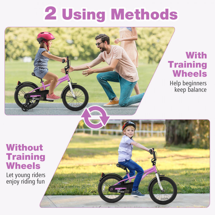 Costway 16\" Velo Pour Enfants Pour Garcons Et Filles De 4 A 7 Ans Avec Reflecteurs De Frein A Main Reglables Violet