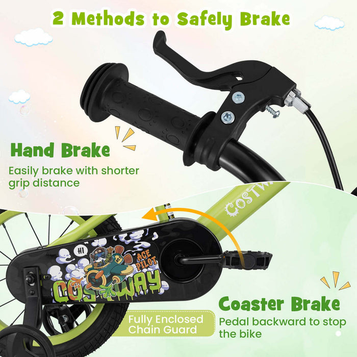 Costway 14\" Velo Pour Enfants Pour 3-5 Avec Guidon Reglable En Hauteur Et Frein A Main En Selle Vert