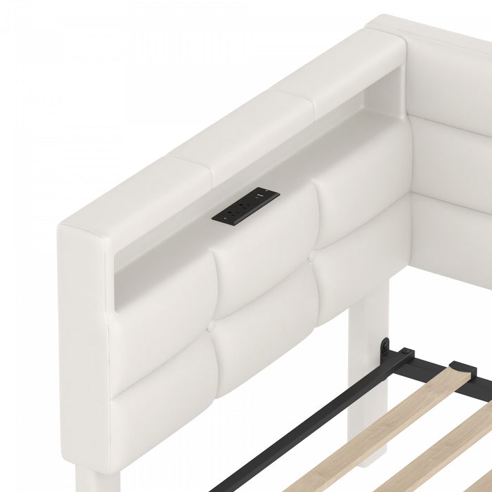 Banquette-lit Sophia rembourree avec lumieres LED et tiroirs de rangement, taille simple, beige