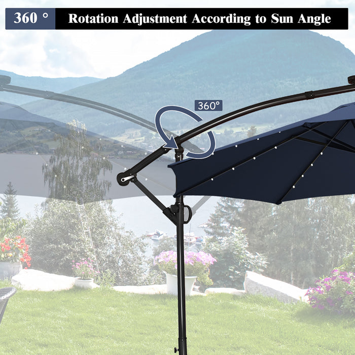Costway Parasol deporte de patio de 10 pieds, alimente par energie solaire, LED, rotation a 360 degres, aluminium, bleu marine