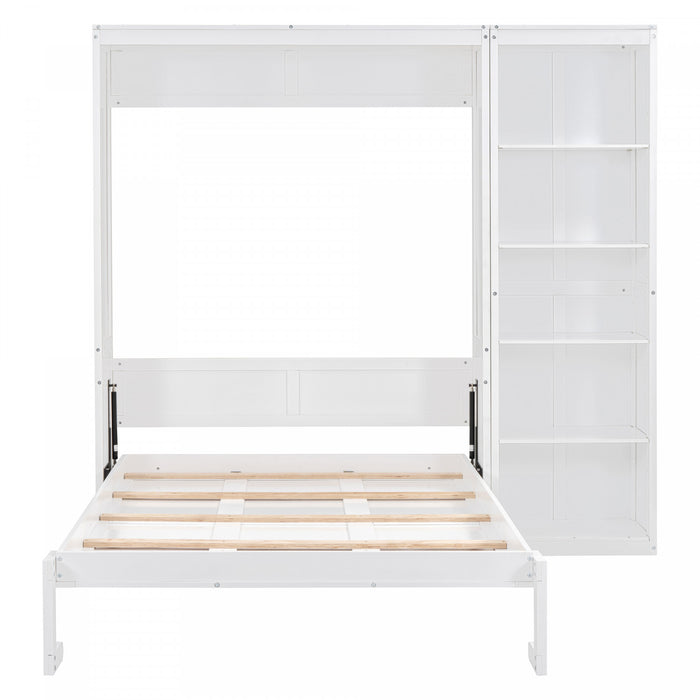 Lit Escamotable Double Jocelyn Gain De Place Avec Etageres, Blanc