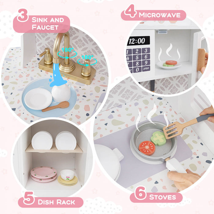Honeyjoy Jeu De Cuisine Pour Enfants Jeu De Cuisine En Bois Avec Horloge, Micro-ondes, Evier, Plateau Blanc