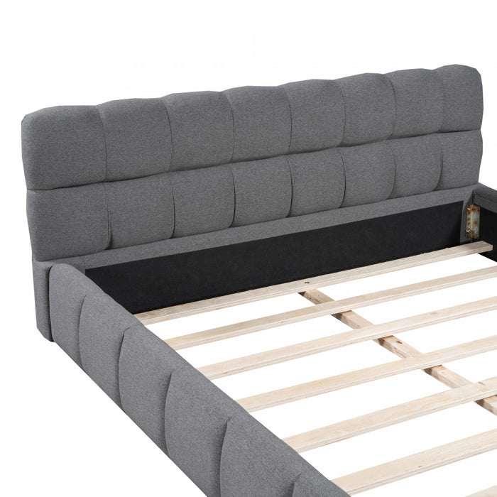 Lit plateforme rembourre Jessica avec tissu en lin confortable et cadre robuste, taille Queen, gris