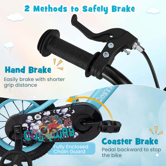 Costway 12\" Velo Pour Enfants Pour 3-4 Avec Guidon Reglable En Hauteur Et Frein A Main En Selle Bleu