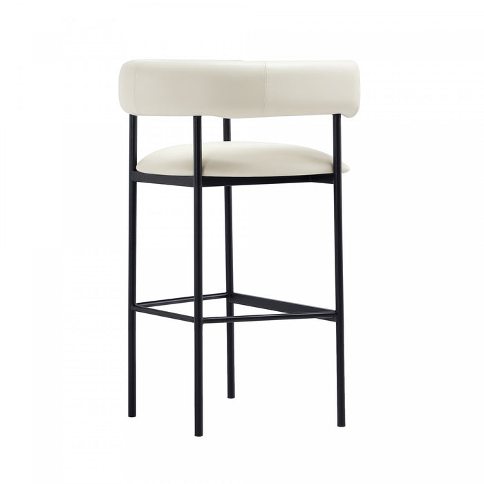 Tabouret de bar contemporain Onda en cuir vegetalien et metal, rembourre, coloris ivoire
