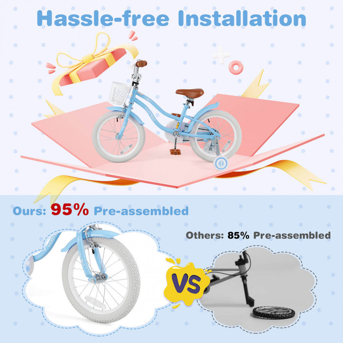 Costway 16\" Enfants Velo Tout-petit Velo Reglable Avec Roue D'entrainement Pour 4-7 Ans Fille Bleue