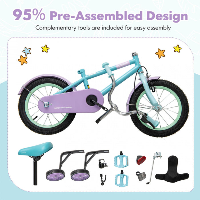 Costway 18\" Velo Pour Enfants Avec Guidon De Selle Reglable Roues D'entrainement Amovibles Frein A Main Bleu