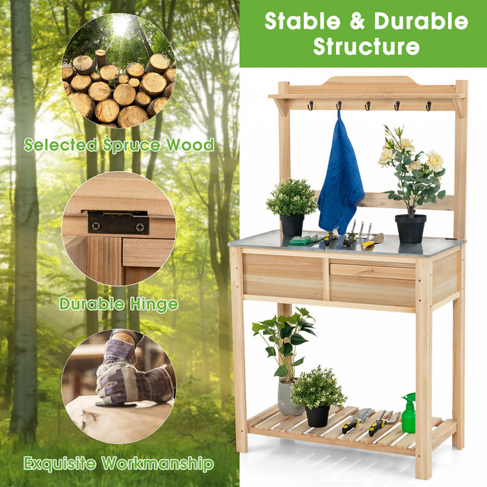 Station De Travail En Bois De Table En Bois De Jardin En Plein Air Costway W/metal Top Open Shelf