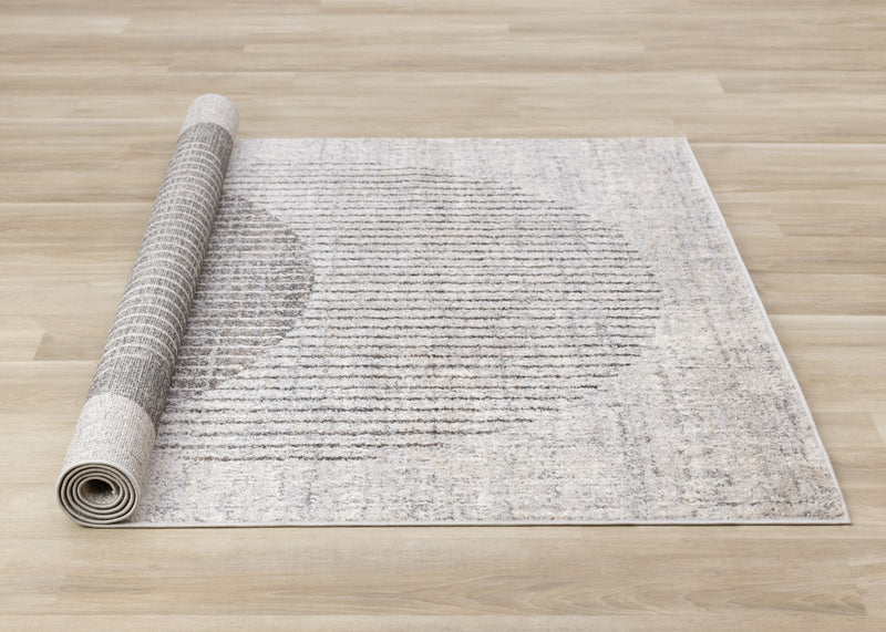 Carpette à poil court doux Solace grise et blanche à motif de cercles qui fusionnent - 5 pi 3 po x 7 pi 7 po