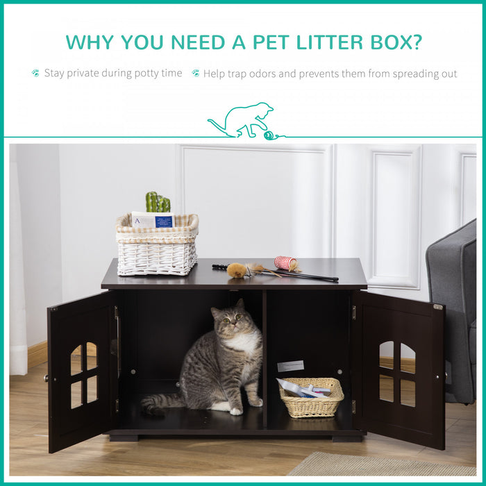 Pawhut Boite A Litiere Pour Chat Meuble Pour Chat Cache Toilette Interieure Pour Chat Table De Nuit A Double Porte Table D'extremite Avec Fenetre Pour Chat Cafe