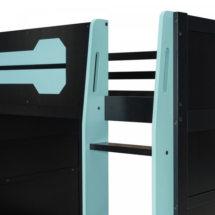 Olivia Lit mezzanine en bois avec bureau et etageres de rangement multiples, Lumiere RGB, Bleu