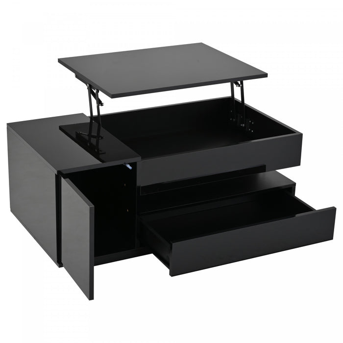 Oliver table basse reglable en hauteur – table avec tiroir, placard de rangement et eclairage LED, noir
