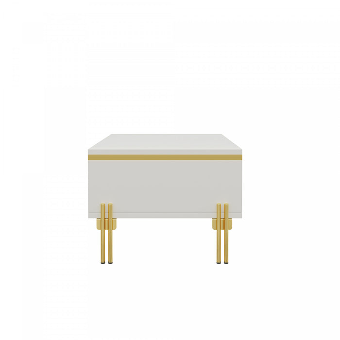 Lustra Table Basse Moderne Haute Brillance 39.4 po avec Double Tiroirs et Accents Dores, Blanc