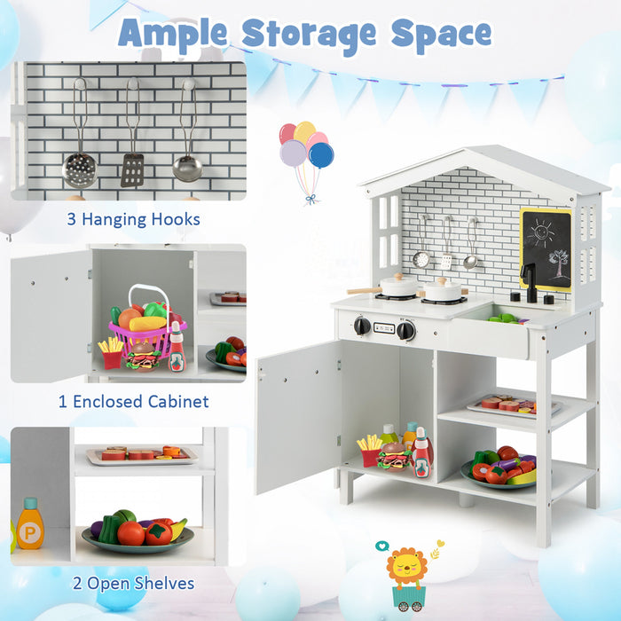 Ensemble De Cuisine De Jeu, Jouet De Cuisine En Bois Avec Tableau Noir Supplementaire, Belles Fenetres, Etageres De Rangement Et Crochets, 5 Pieds En Bois Massif, Ensemble De Cuisine Fictive Pour Les Tout-petits De 3 Ans Et Plus, Blanc