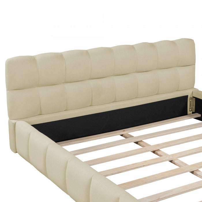 Lit plateforme rembourre Jessica avec tissu en lin confortable et cadre robuste, taille Queen, beige