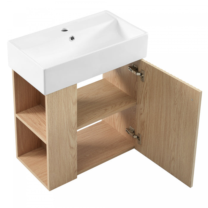Camille Meuble de salle de bain flottant avec vasque en ceramique et rangement cote gauche, Naturel