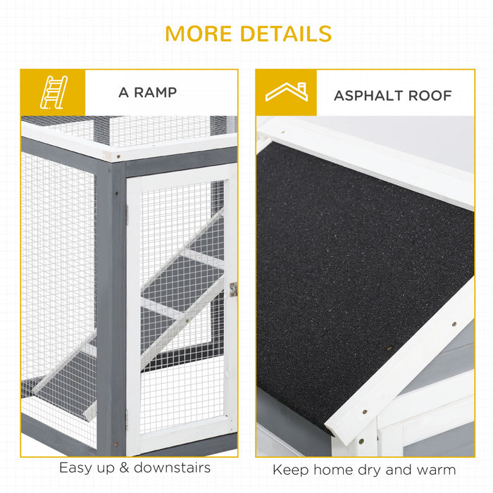Pawhut 48\" Cage A Lapins Clapier En Bois Resistant Aux Intemperies Avec Toit Incline Et Enclos Exterieur Grillage, Gris