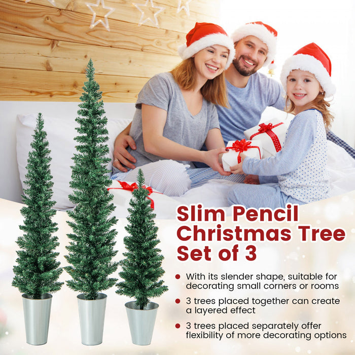 Lot De 3 Sapins De Noel Artificiels 90-120-150 Cm, Arbres En Crayon Fin, 120-140-160 Pointes De Branches, Bases Metalliques Avec Ciment, Arbres D'entree En Pot, Decoration De Noel Interieure