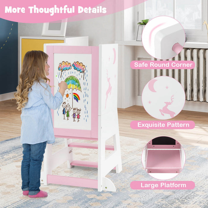Costway Tout-petit Enfant Tabouret De Cuisine Aidant Bebe Tour Debout Avec Tableau Et Tableau Blanc Rose