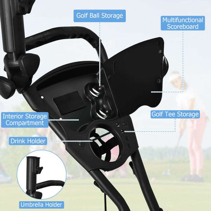 Chariot De Golf Pliable A 3 Roues, 4 Positions De Hauteur Reglables, Chariot De Golf Leger, Chariot De Golf En Aluminium Avec Porte-ombrelle Reglable, Sac Etanche, Glaciere Integree, Frein A Pied, Ouverture Et Fermeture Rapides.