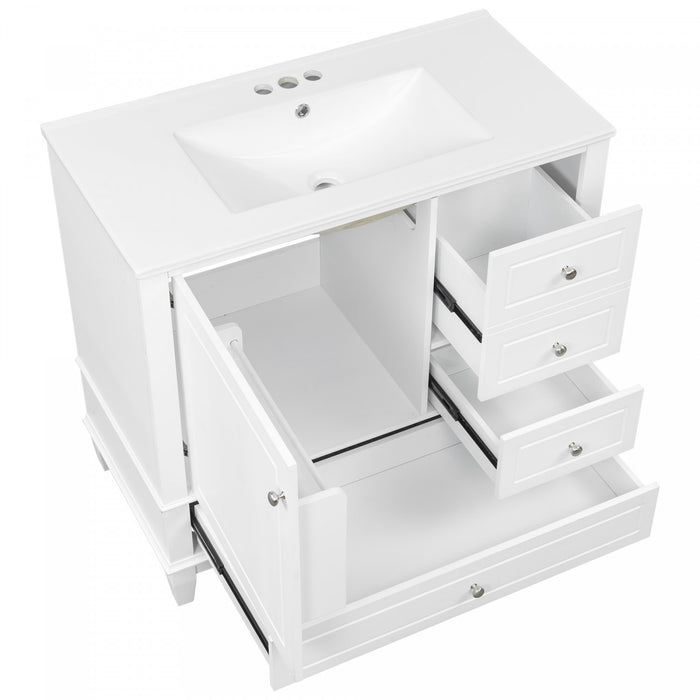 Fanny Meuble-lavabo de 36\" avec vasque en ceramique et charnieres a fermeture douce, Blanc