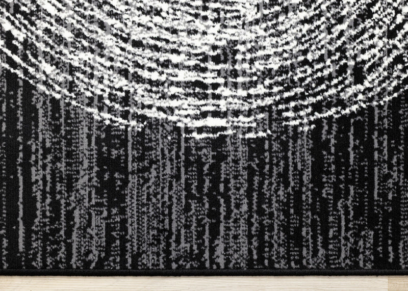 Tapis Florence noir, gris et blanc a motif d'anneaux d'arbre, 6'7\" x 9'6\"