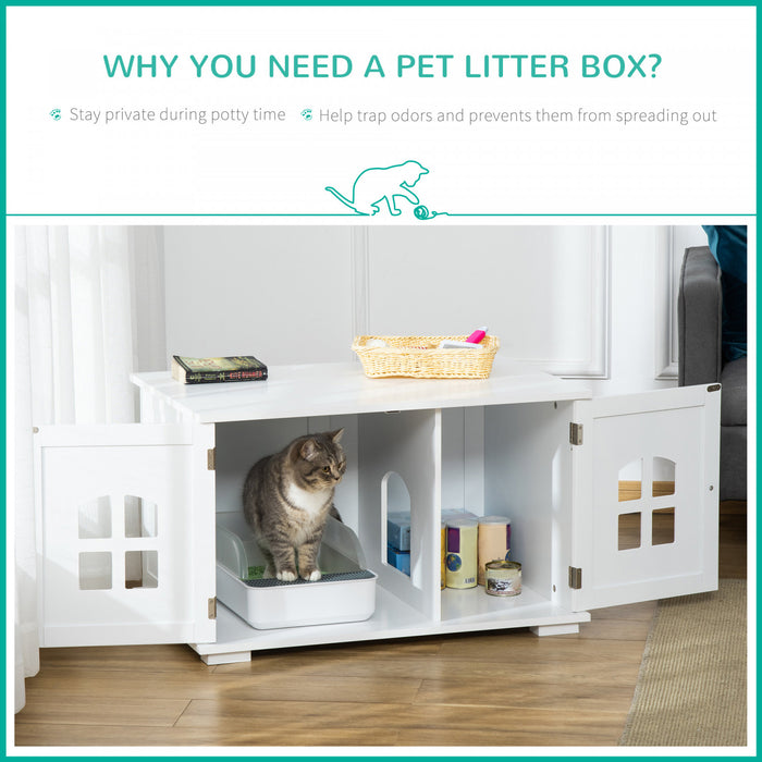 Pawhut Boite A Litiere Pour Chat Meuble Cache Pour Chat Toilette Interieure Pour Chat Table De Nuit A Double Porte Table D'extremite Avec Fenetre Pour Chat Blanc