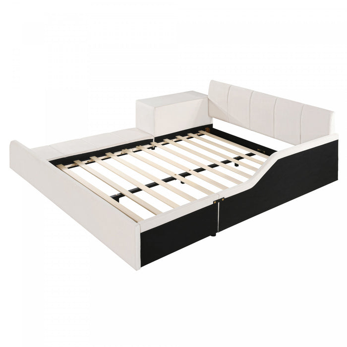 Lit Lily en velours rembourre avec bureau et tabouret, taille Full, beige