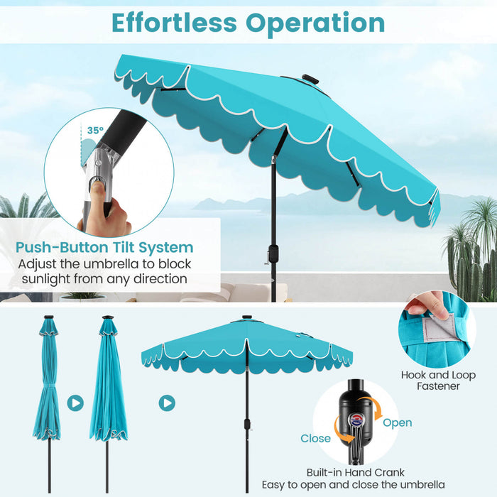 Parasol solaire Costway 9,3 FT style marche exterieur avec 24 LED, bordures, turquoise