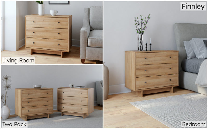 Table de nuit Finnley de Prepac à 3 tiroirs - chêne naturel