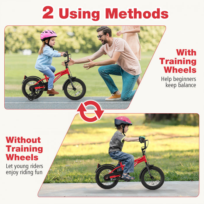 Velo Costway 14\" Pour Enfants Pour Garcons Et Filles De 3 A 5 Ans Avec Reflecteurs De Frein A Main Reglables