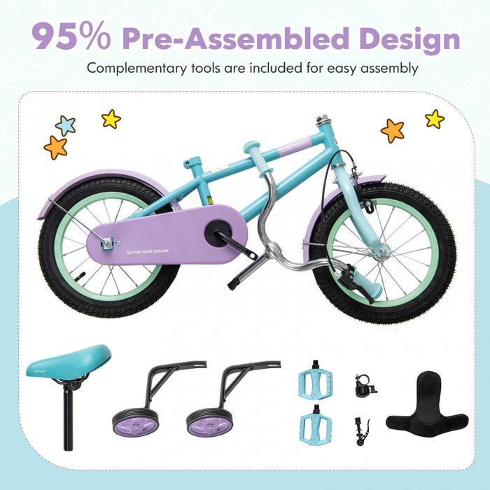 Costway 12\" Velo Pour Enfants Avec Guidon Reglable De Selle Roues D'entrainement Amovibles Frein A Main Bleu