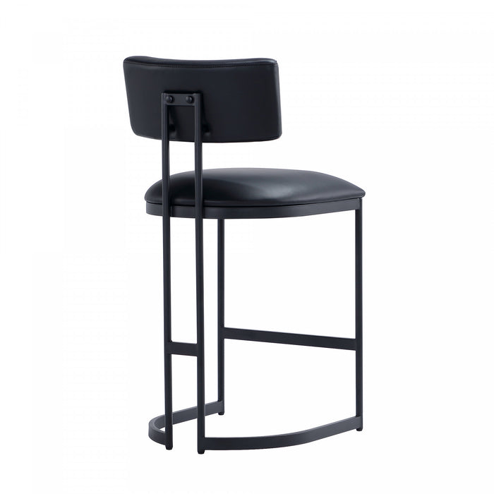 Tabouret de comptoir contemporain moderne Juno en cuir vegetalien et metal, coloris noir