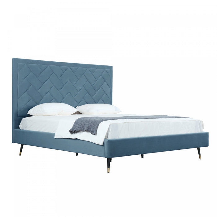 Lit king moderne Crosby en velours bleu capitonne