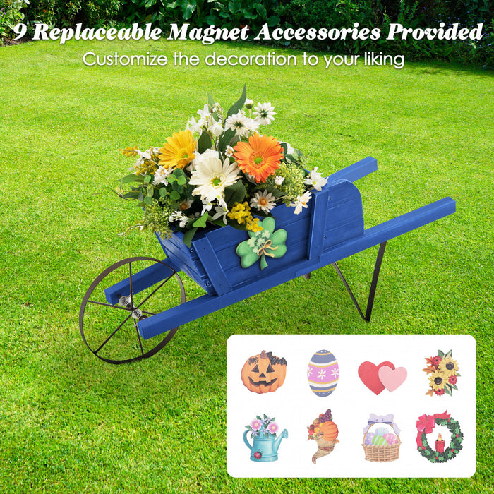Costway En Bois Wagon Planter Decoratif Interieur/exterieur Rustique Fleur Chariot Avec Roue Bleu